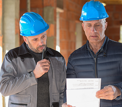 Two male contractors looking at renovation plans