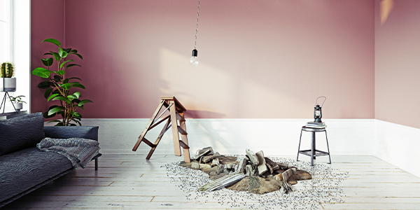 Accident in the home: building rubble and fallen ladder